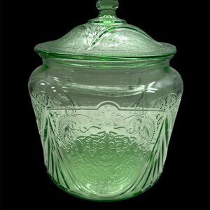 Vintage Hazel Atlas  Royal Lace Green Cookie Jar With Lid